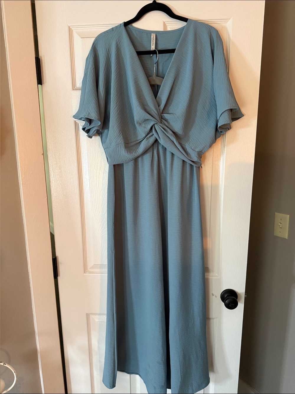Zenana Twist-Front 2-piece Set in Dusty Blue